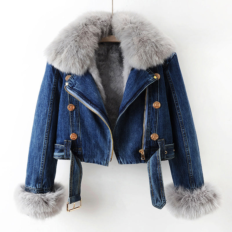 ANAÏS – Veste en denim avec col en fourrure de renard