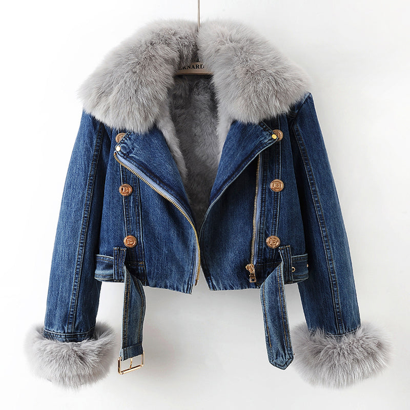 ANAÏS – Veste en denim avec col en fourrure de renard