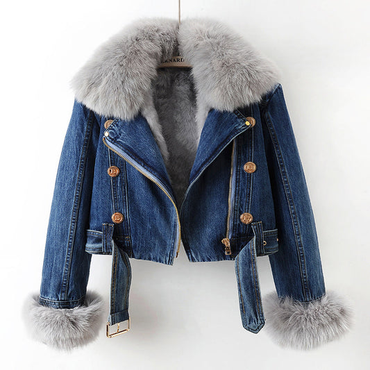 ANAÏS – Veste en denim avec col en fourrure de renard