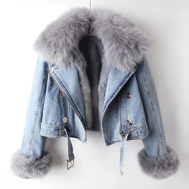 ANAÏS – Veste en denim avec col en fourrure de renard