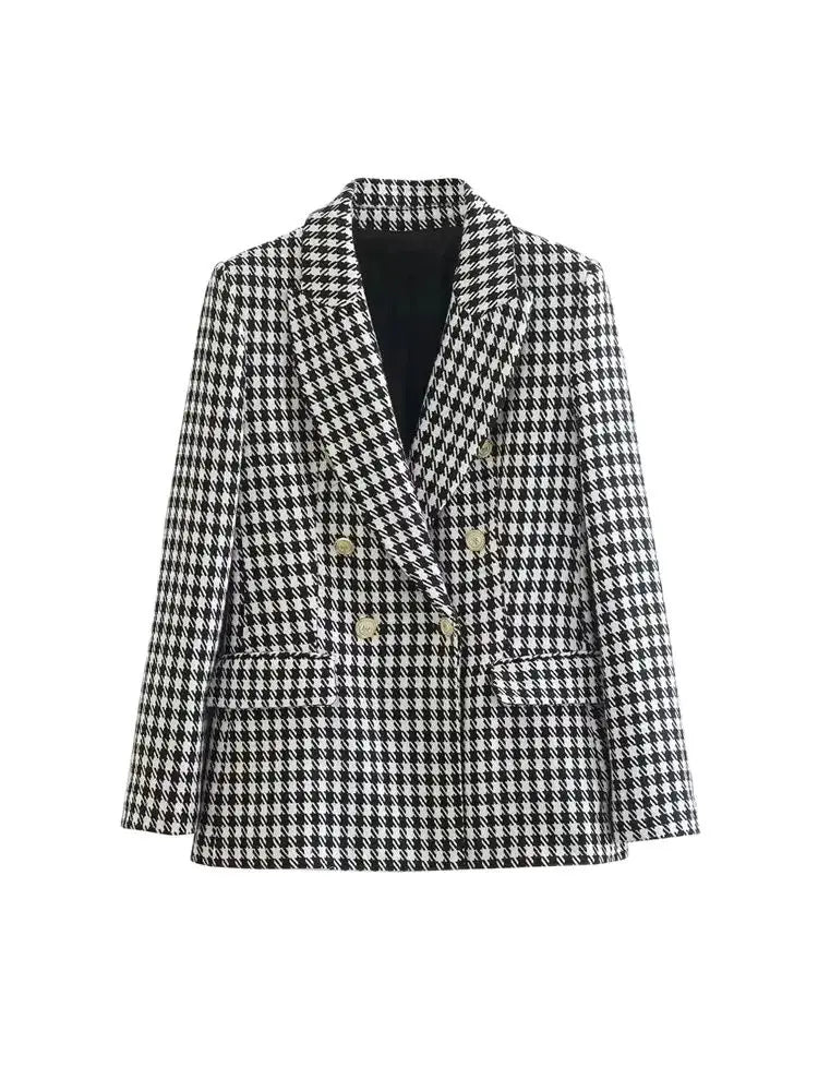 Lamoury Fashion | Blazer Femme Pied-de-Poule Vintage, Double Boutonnage, Élégant