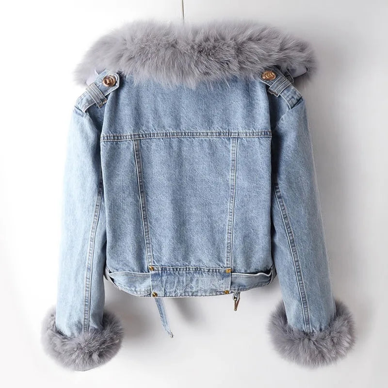 ANAÏS – Veste en denim avec col en fourrure de renard